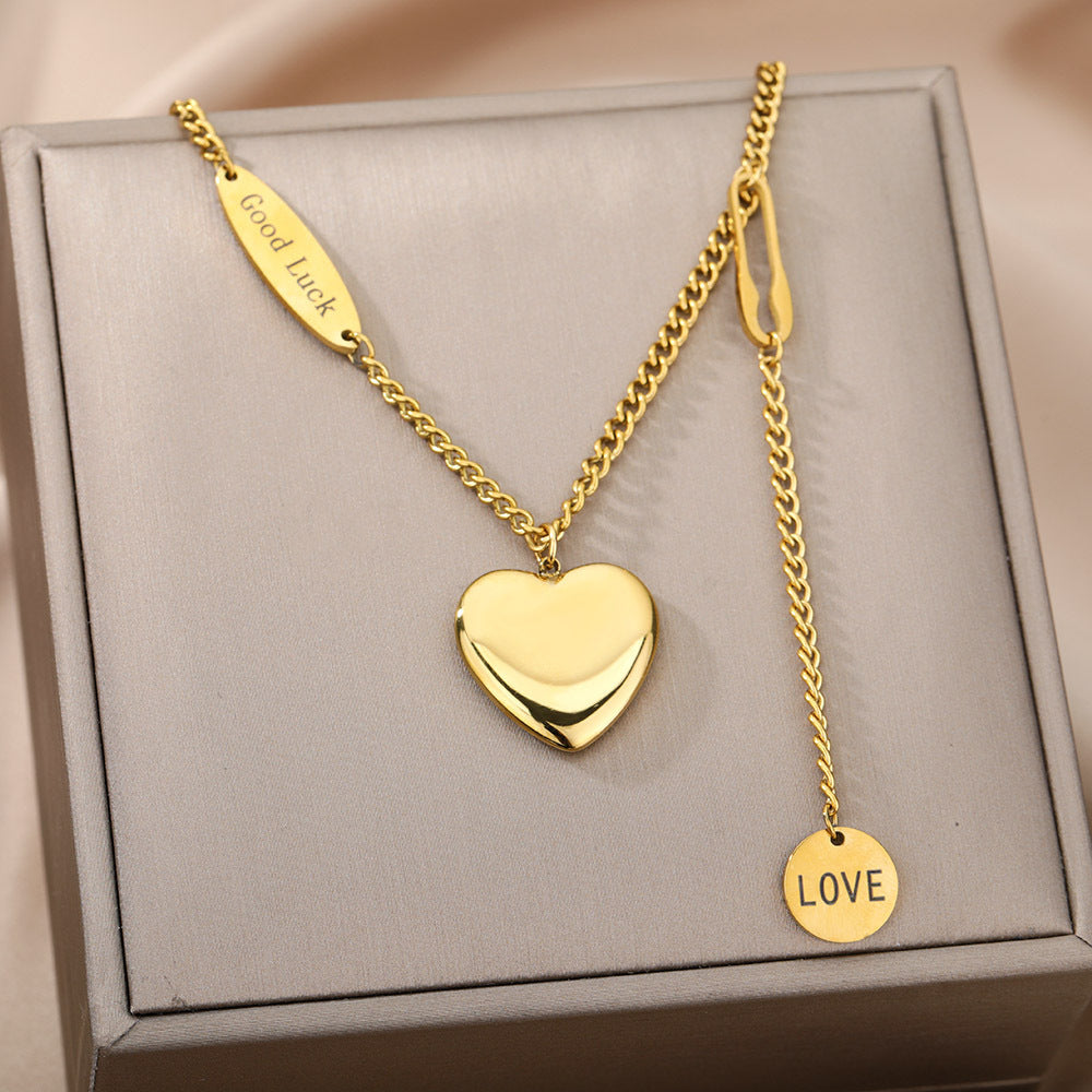 Women Multilayer Heart Pendant Necklaces Stainless Steel Chain Choker Zircon