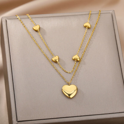 Women Multilayer Heart Pendant Necklaces Stainless Steel Chain Choker Zircon