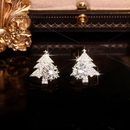 Rotatable Christmas Tree Earrings Shiny Rhinestone Snowflake Stud