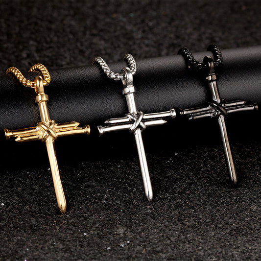 Steel Gold Black Color Fashion Mens Iron Nail Cross Pendant Necklace Stainless Steel