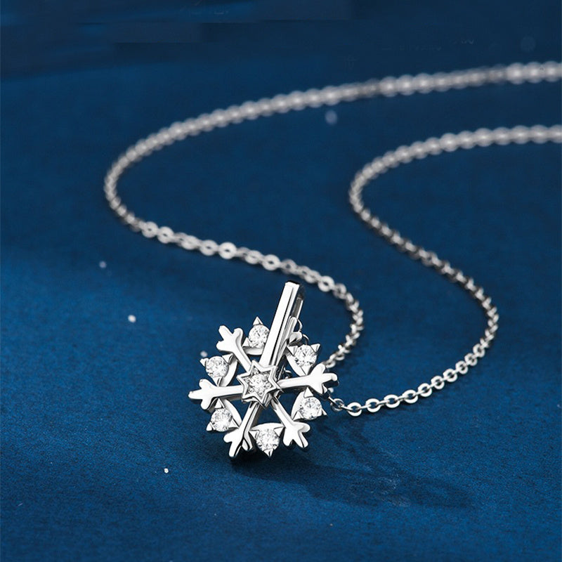 Women 925 Silver Snowflake Necklace Luxury Niche Design Shiny Rhinestone Jewelry Christmas Gift