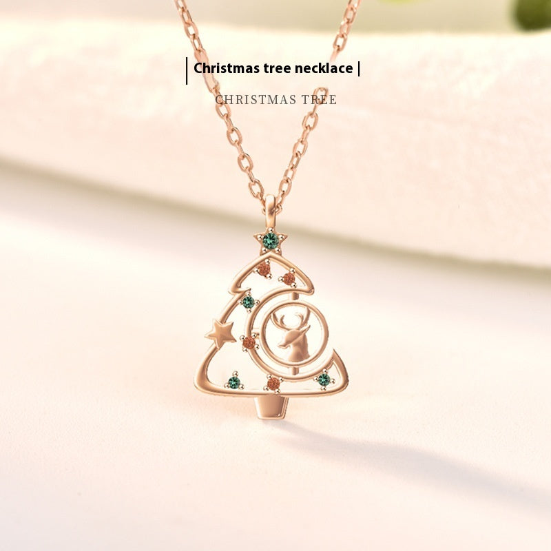 Women S925 Elk Christmas Tree Necklace Fashion Ins Style Zircon Clavicle Chain