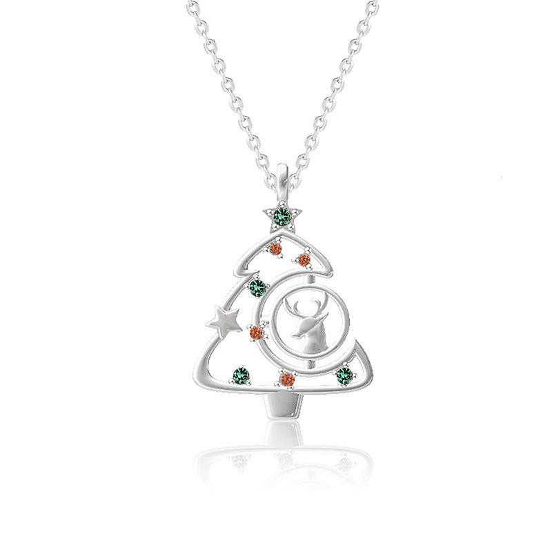 Women S925 Elk Christmas Tree Necklace Fashion Ins Style Zircon Clavicle Chain