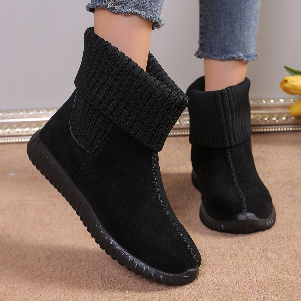 Flat Ankle Boots With Reversible Knitted Design Winter Snow Boot For Women