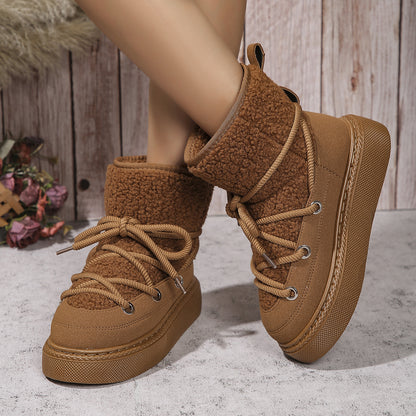 Women Fashion Lace-up Snow Boots Winter Flat Thick-sole