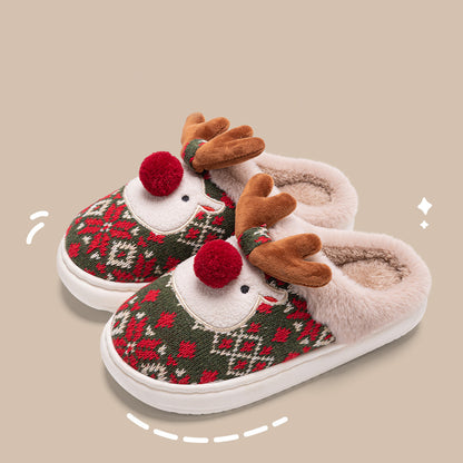 Women Christmas Elk Plush Slippers Winter Ins Fashion Non-slip Floor